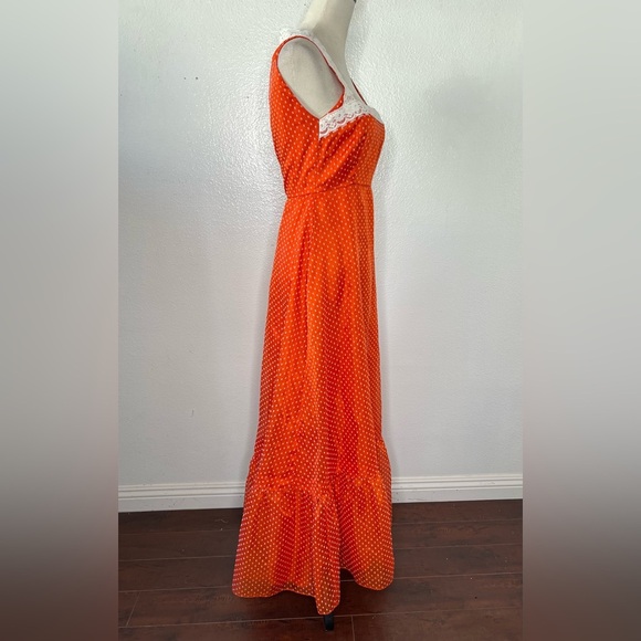 VINTAGE 1970s Lorrie Deb Maxi Dress Orange Prairie Full Gown 70s Calico Hippie - Picture 4 of 12